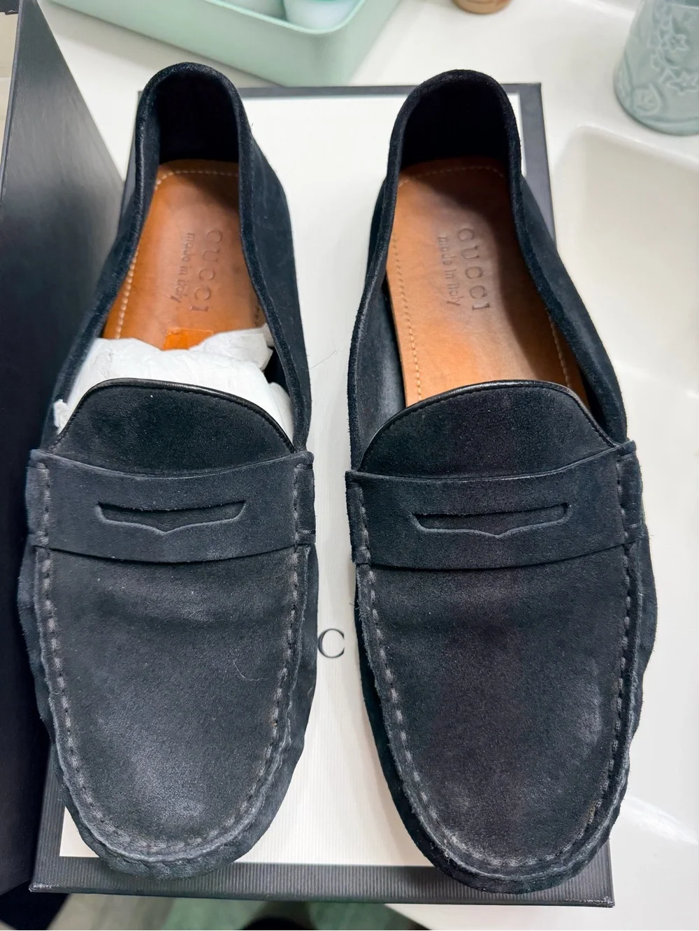 Gucci Black Suede Penny Loafers for Men size 10